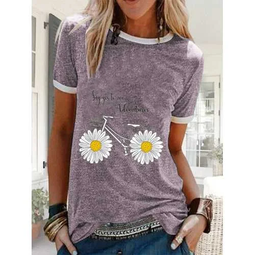 Daisy Floral Bike Letter Printed Casual T-shirt