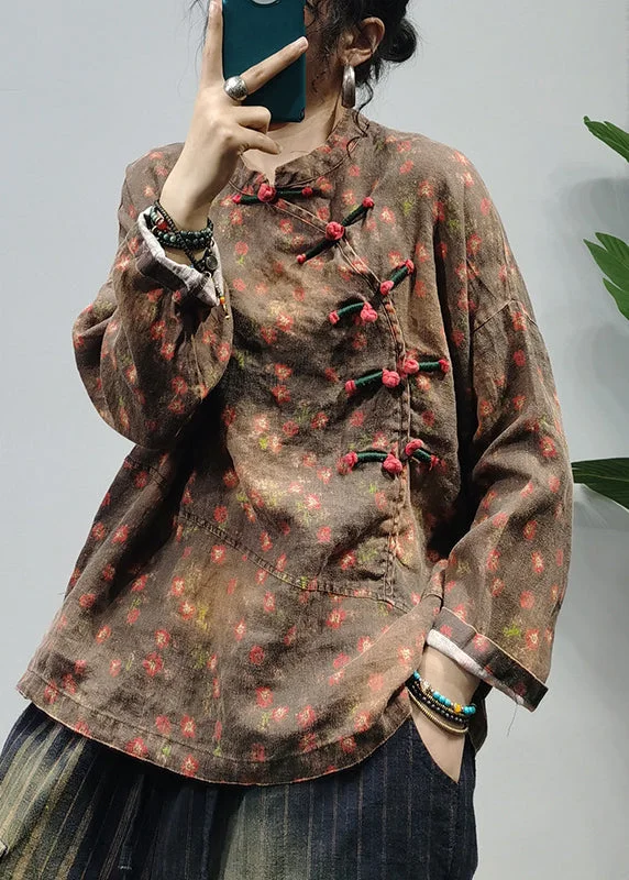 Chocolate Print Linen Loose Sweatshirt Stand Collar Long Sleeve