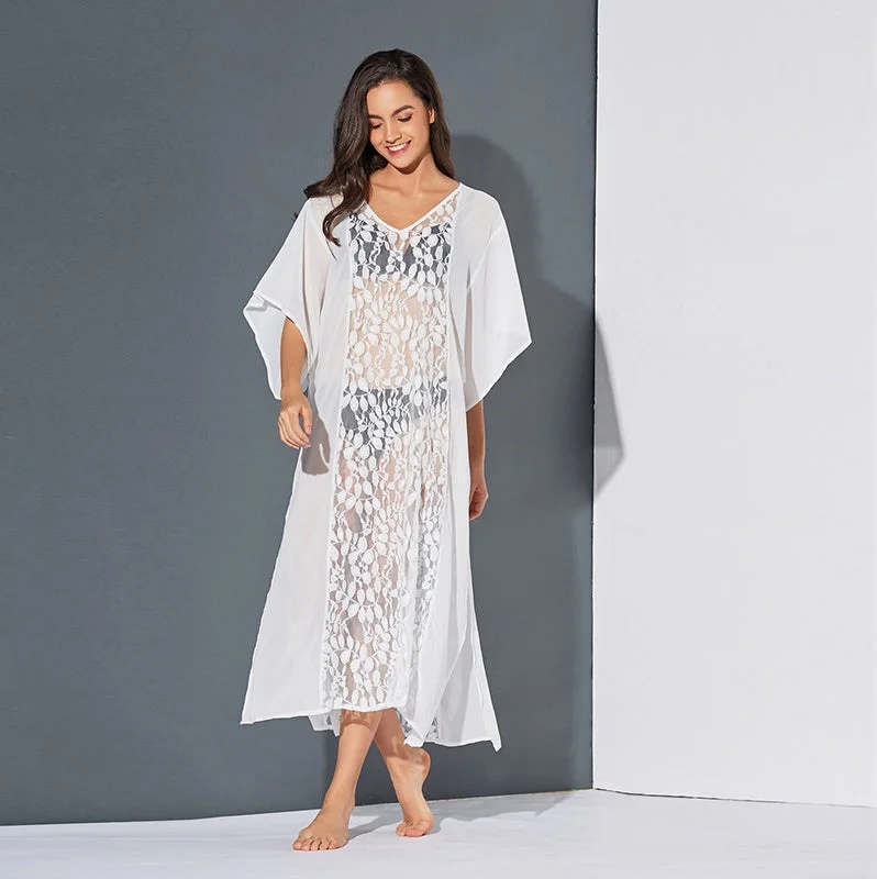 Elegant And Elegant KittenAlarm - Women Lace Sheer Hollow Short Sleeve Side slit Long Maxi Sun Dress