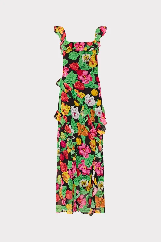 Windbreaker fashion Tulip Rosette Ruffle Maxi Dress