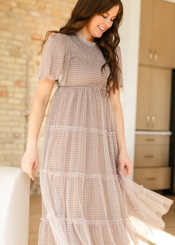 Trendy Traveler Gingham Mesh Tiered Maxi Dress