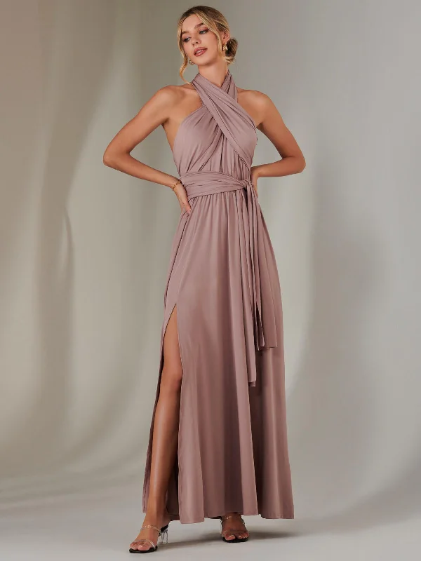 Multi-functional style Halter Neck Maxi Bridesmaid Dress, Dusty Pink