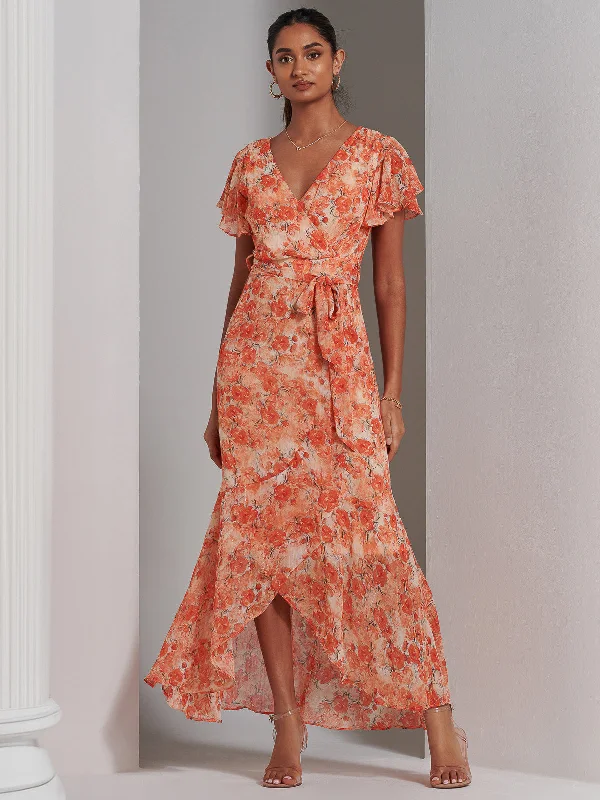 Comfortable And Simple Haylie Frill Chiffon Maxi Dress, Orange Multi