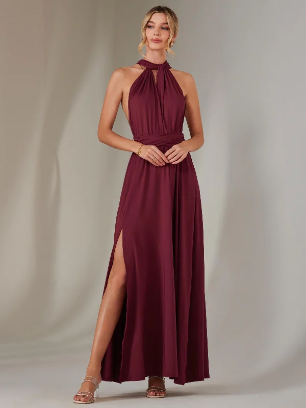 Hooded design Halter Neck Maxi Bridesmaid Dress, Burgundy