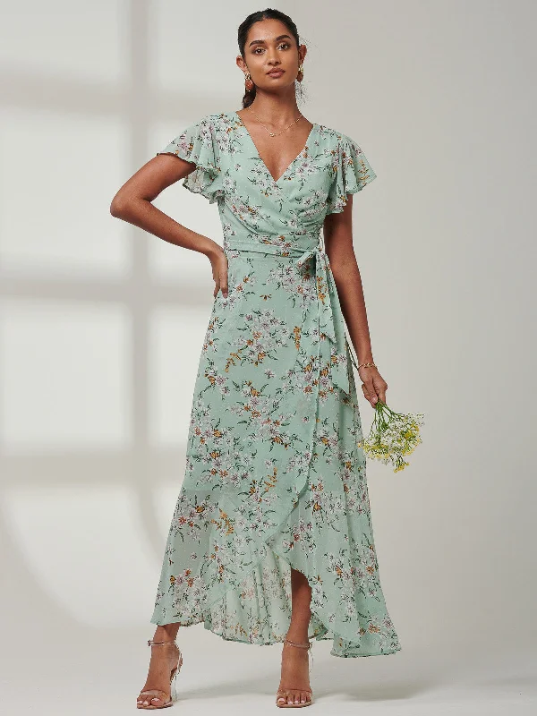 Noble Temperament Haylie Frill Chiffon Maxi Dress, Green Floral