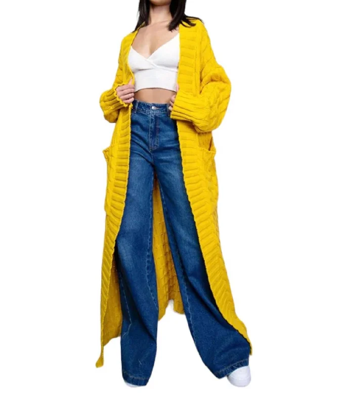 Long Cable Knit Cardigan Sweater In Yellow