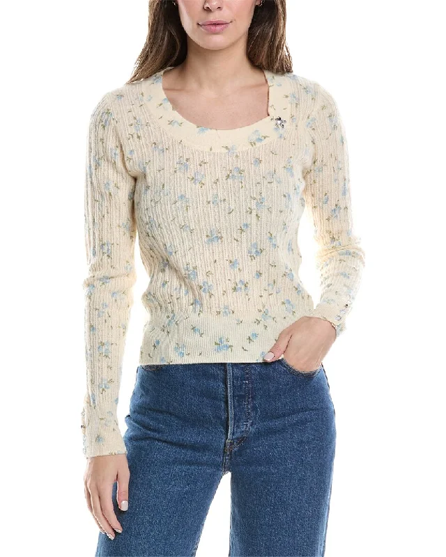 Minnie Rose Floral Pointelle Cashmere Sweater