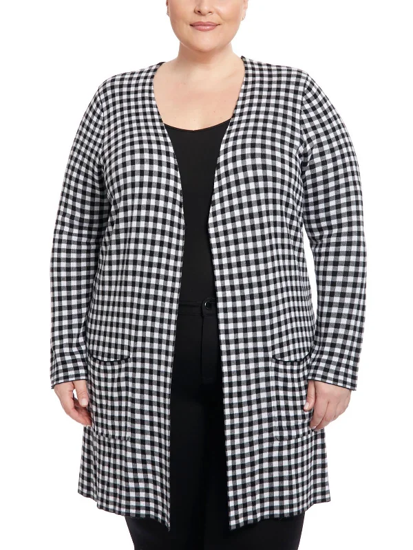 Plus Womens Checkered Open Front Duster Sweater