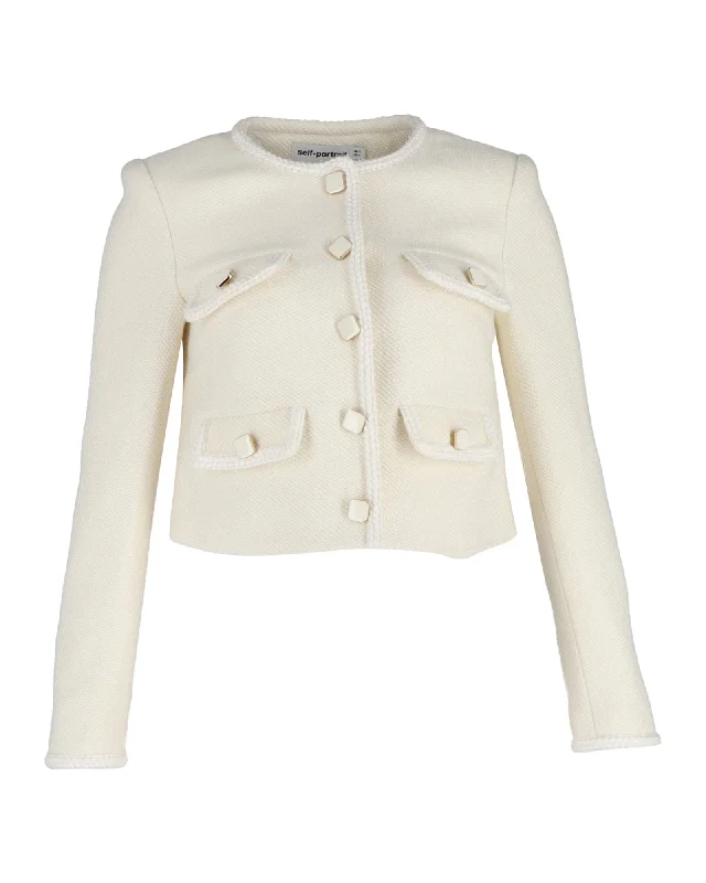 Self-Portrait Boucle Cropped Jacket in Cream Wool Blend