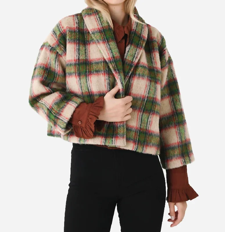 Shawl Collar Crop Jacket In Plaid Mohair