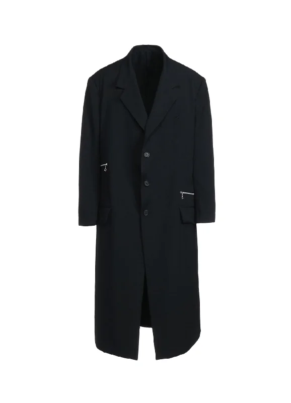 WASHER FINISHED WOOL GABARDINE OVERSIZED LONG JACKET WITH ZIPPER POCKETS