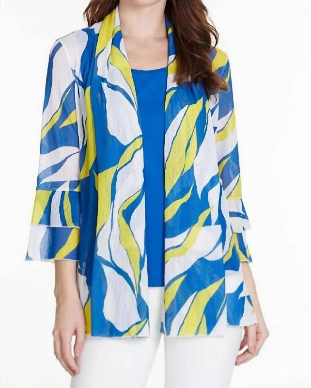 Wavy Print Onionskin Open Front Jacket In Blue/yellow