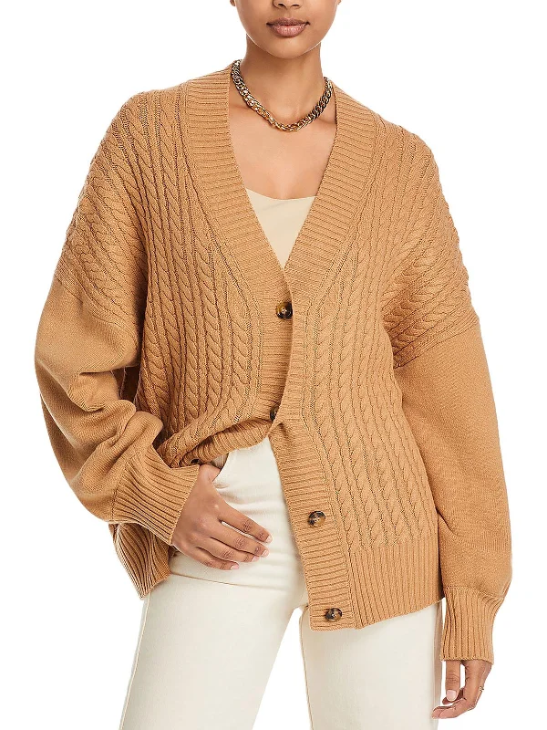 Womens Cable Knit Ribbed Trim Cardigan Sweater