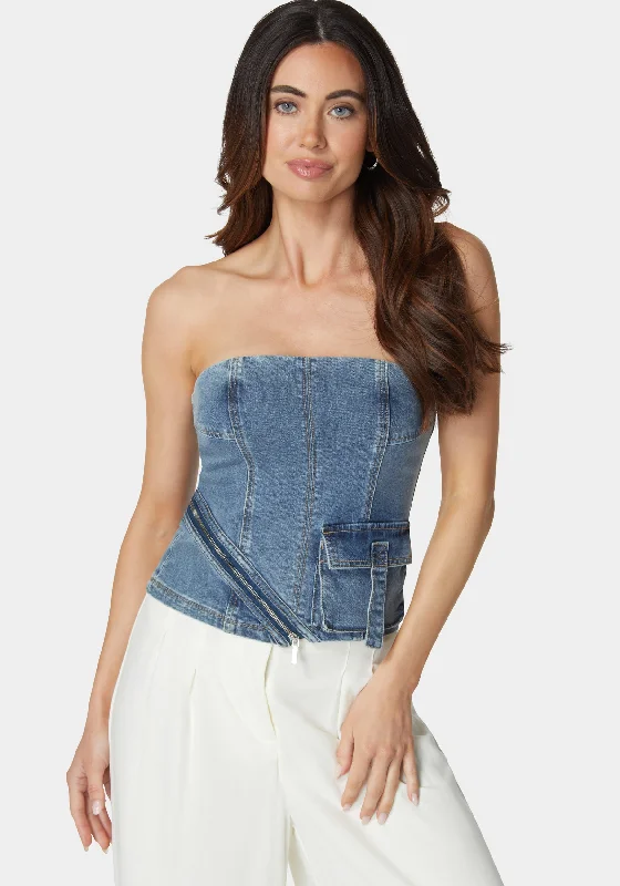 Zipper And Cargo Detail Denim Top