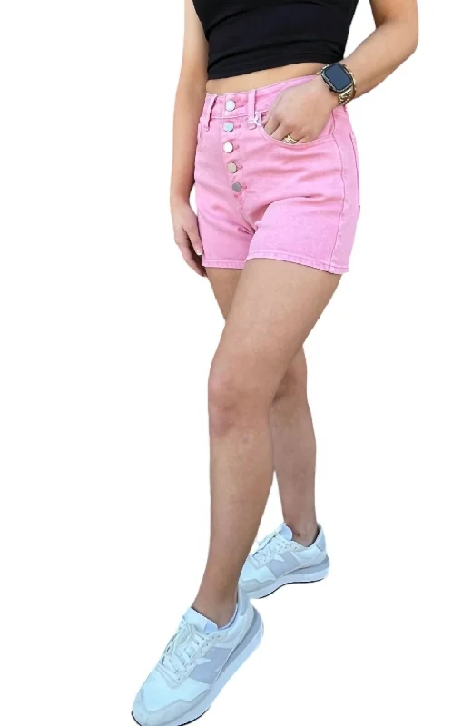 Angelou Button Down Denim Shorts In Pink