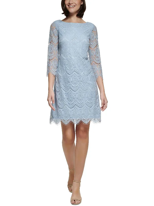 Womens Lace Overlay Above Knee Shift Dress