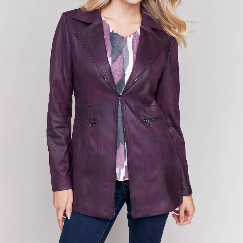 Faux Suede Long Jacket In Plum